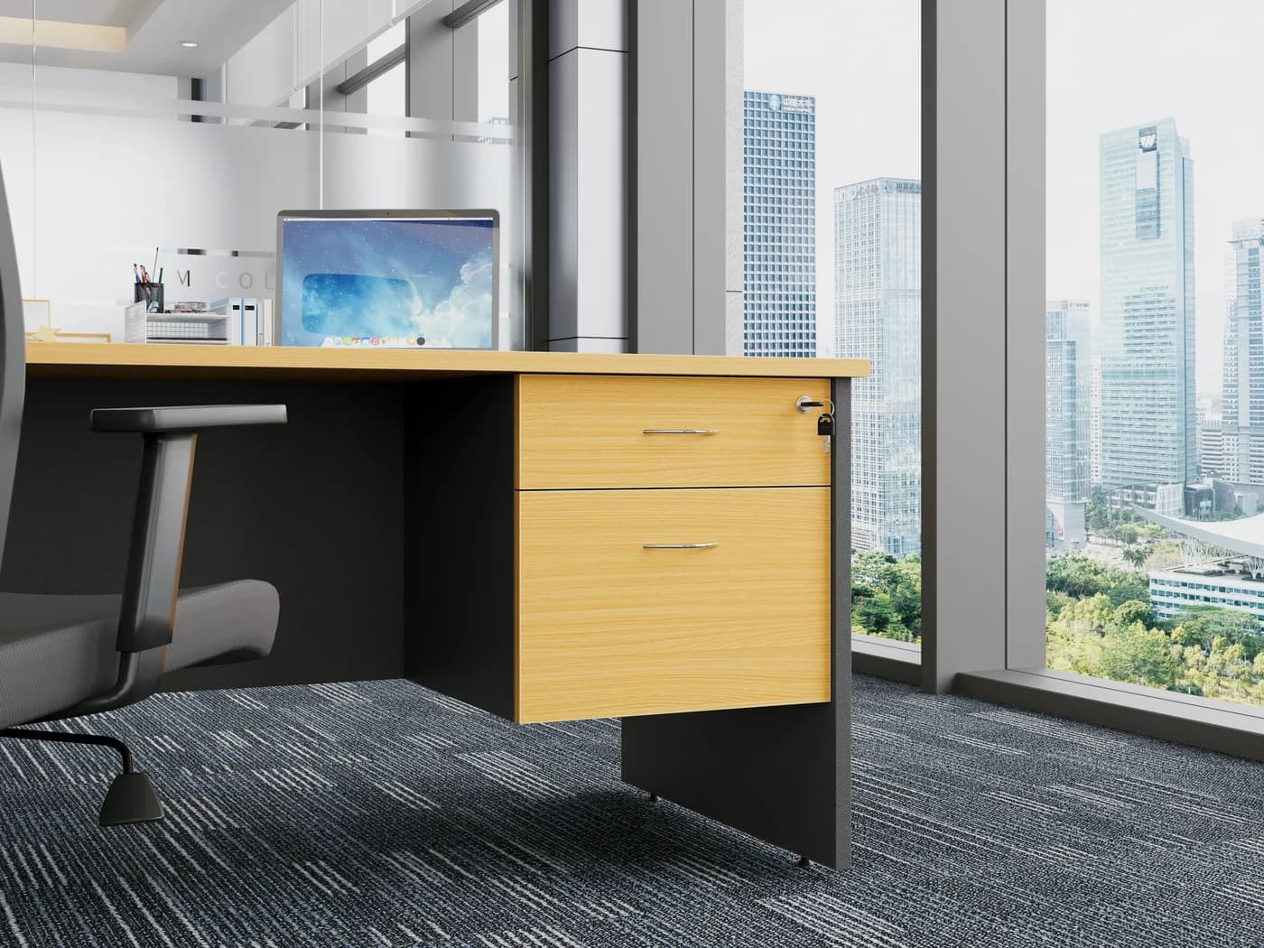 Fixed Pedestal 1D 1F Beech/Iro shown in an office setting