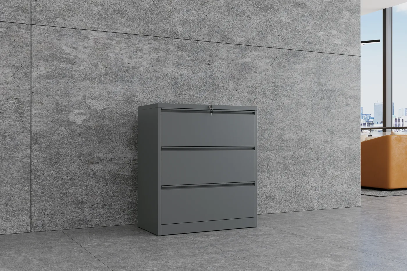 Steel Lateral Filing Cabinet 3 Drawer shown in an office setting