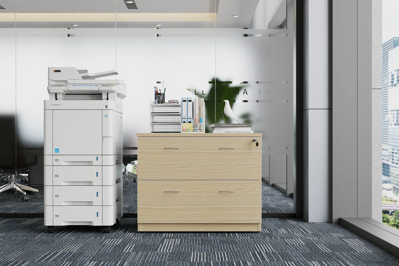 Melamine Lateral Filing Cabinet 2 Drawer shown in an office setting