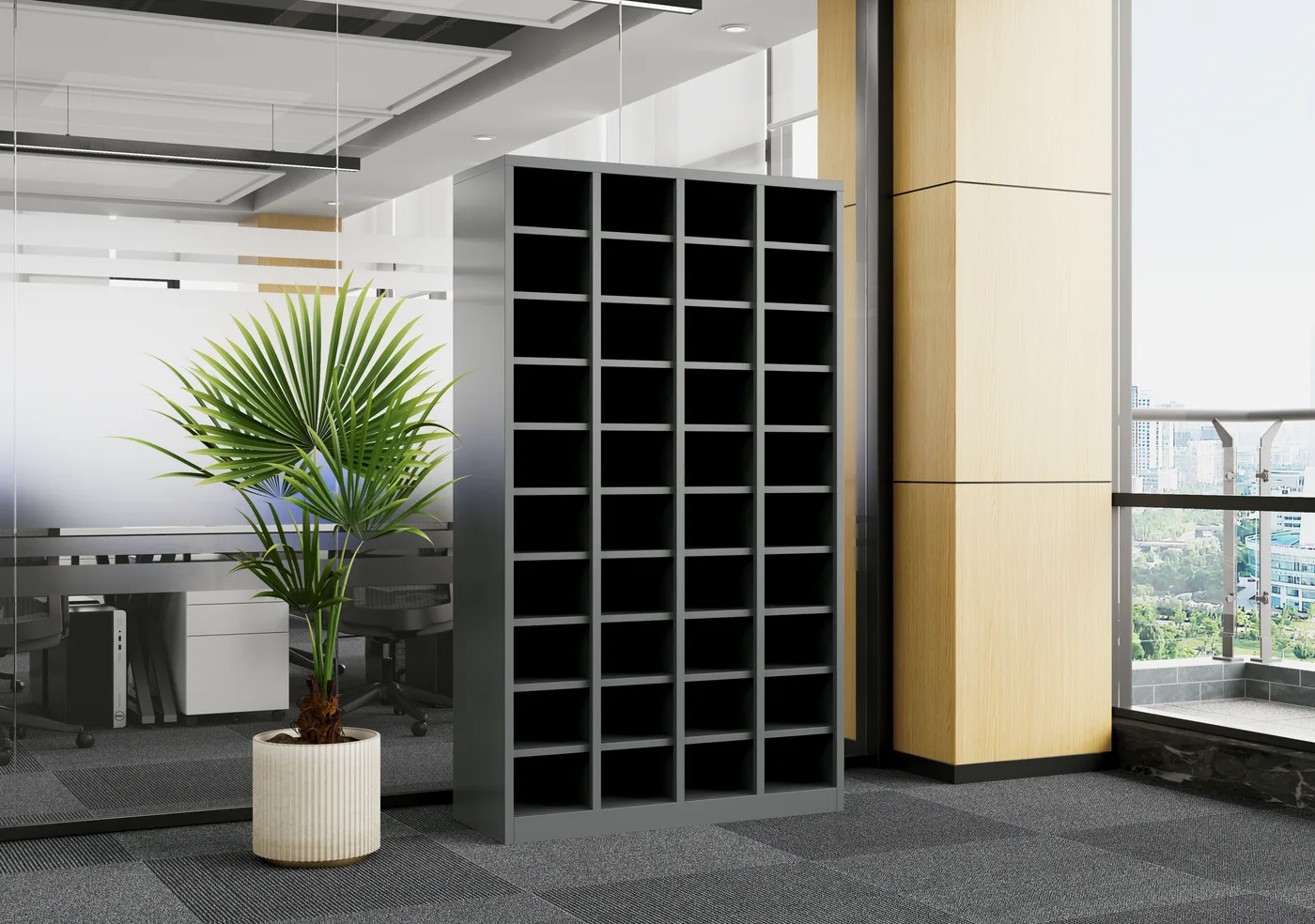 Steel Pigeon Hole Unit 40 shown in an office setting