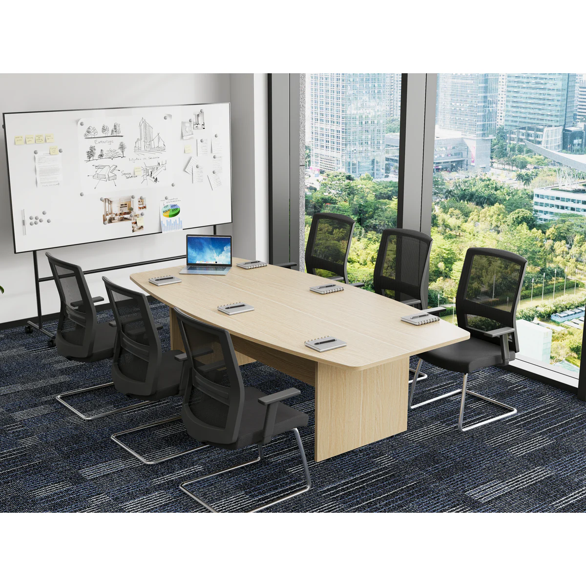 Boardroom Table H Base Oak shown in an office setting