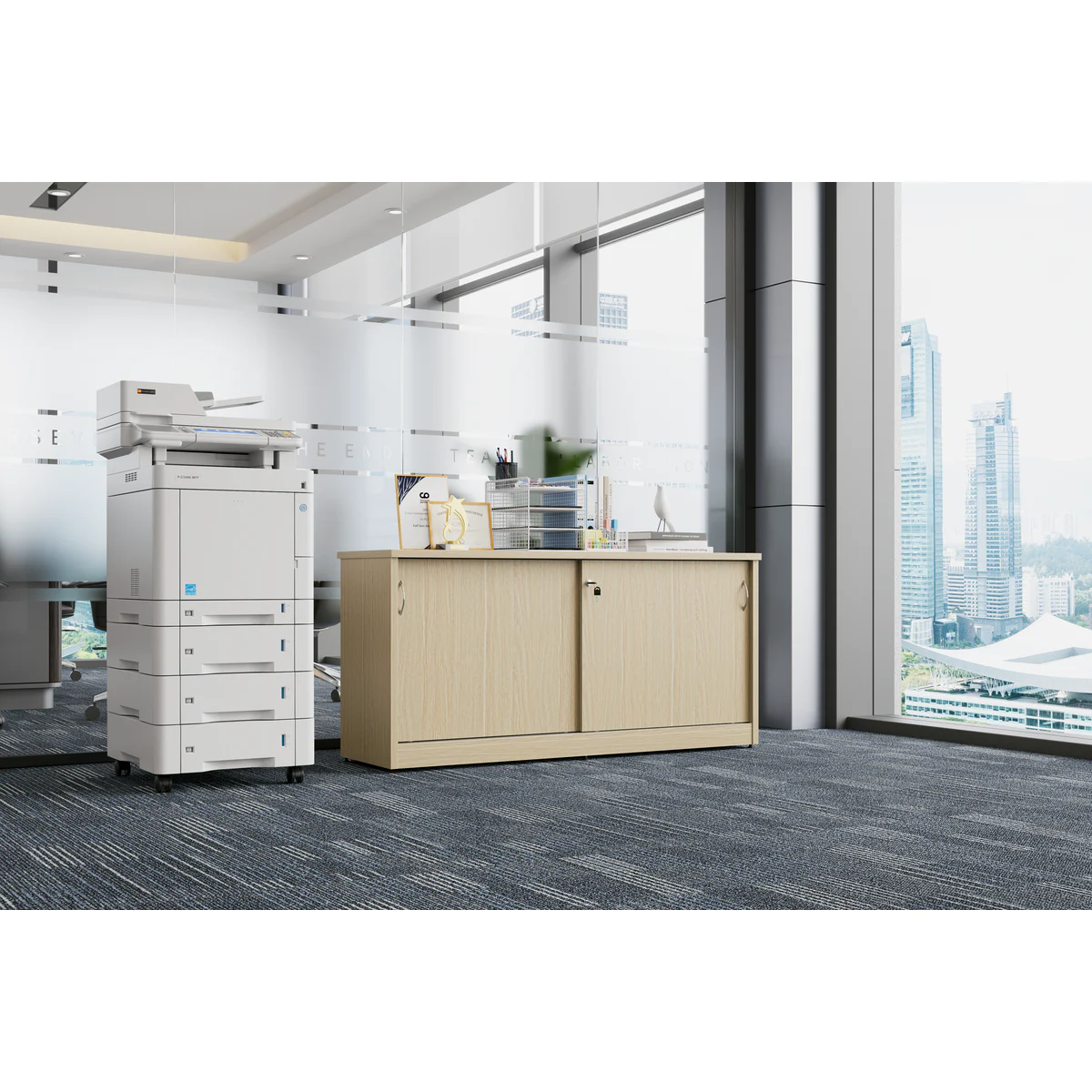 Credenza 1500 Oak shown in an office setting