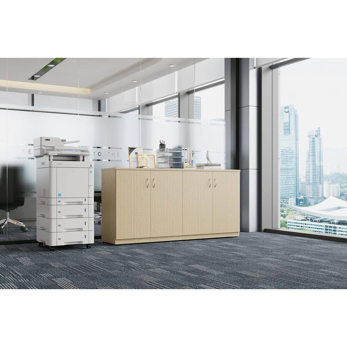 Four Door Buffet Oak shown in an office setting