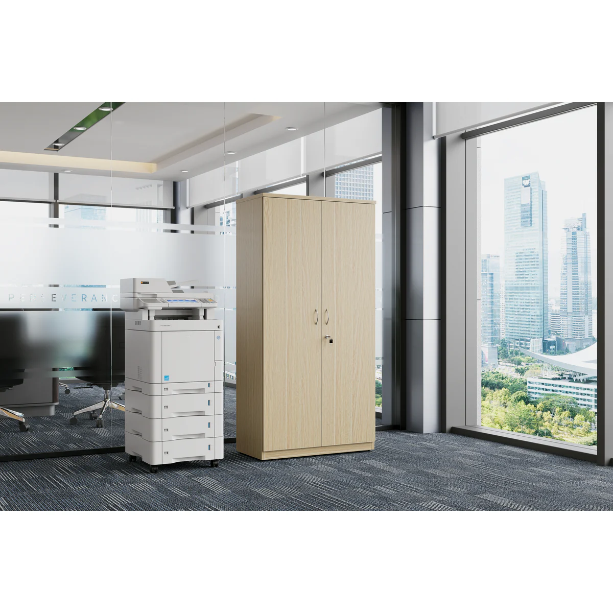 Full Door Bookcase Oak shown in an office setting