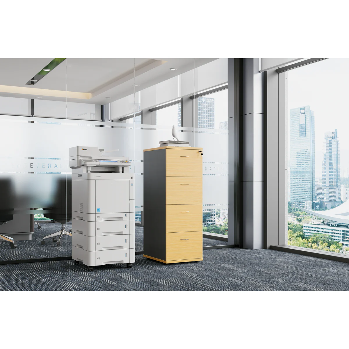 Melamine Filing Cabinet 4 Drawer Beech/Ironstone shown in an office setting