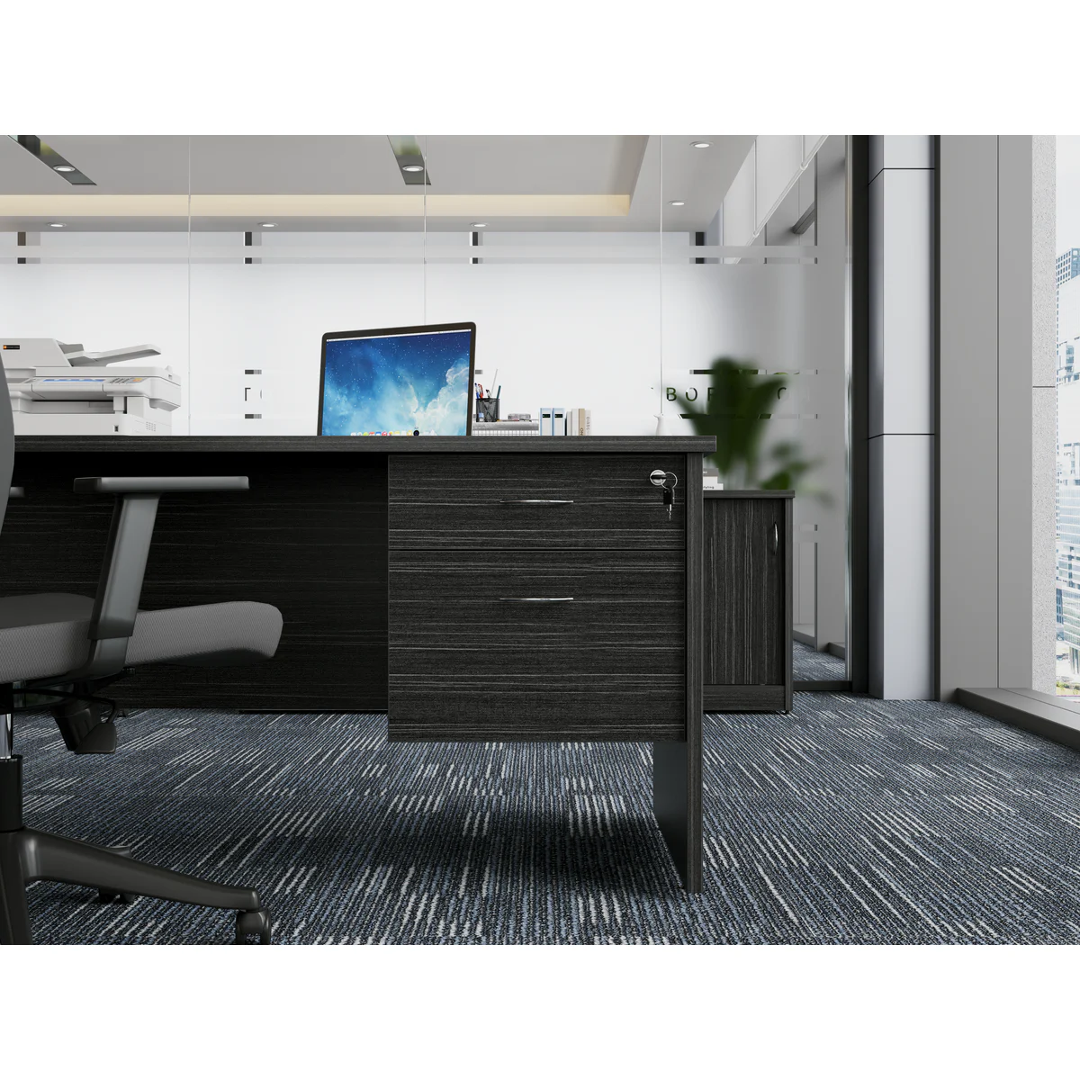 Fixed Pedestal 1 Drawer + 1 File Blackline Wood shown in an office setting