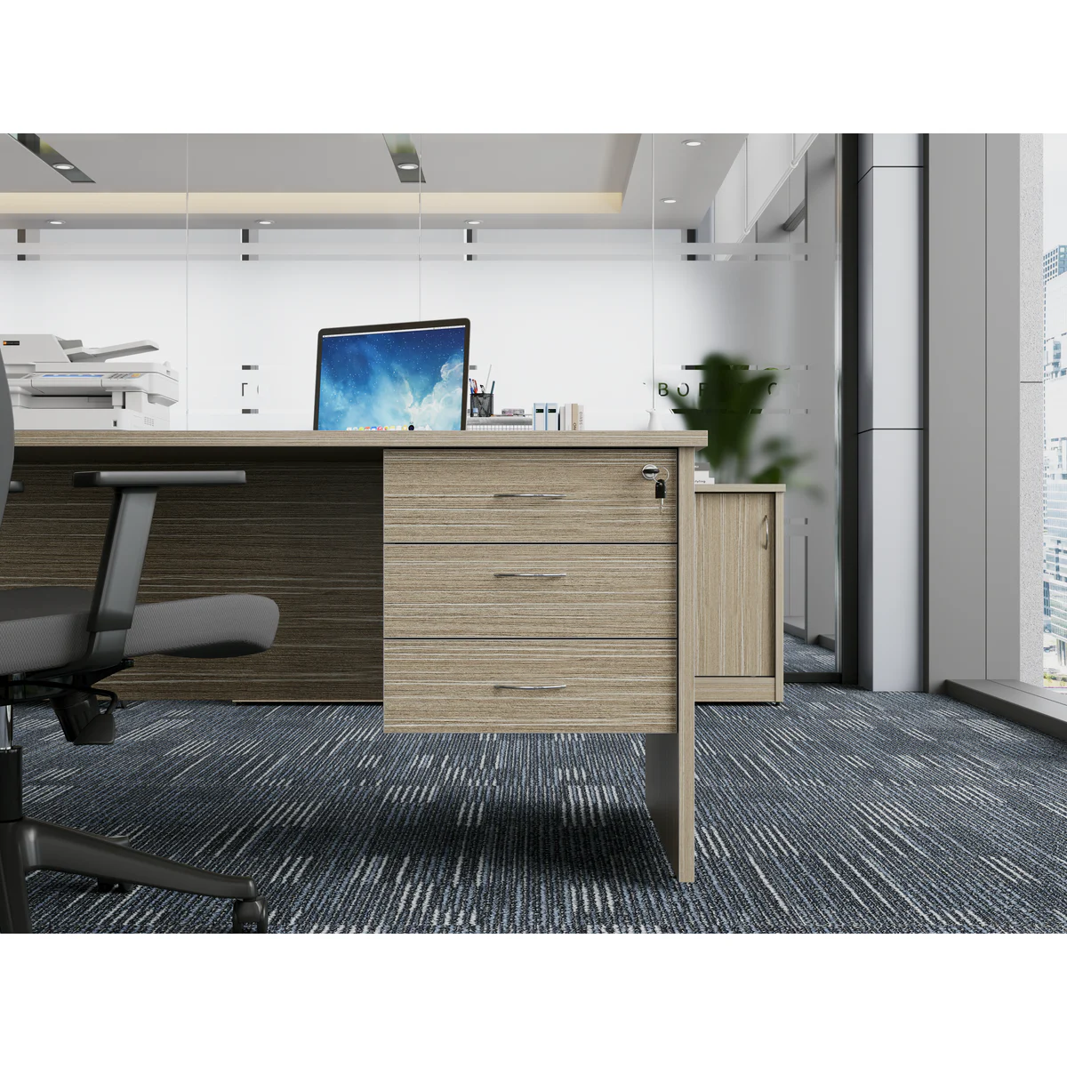 Fixed Pedestal 3 Drawer Tawny Line shown in an office setting