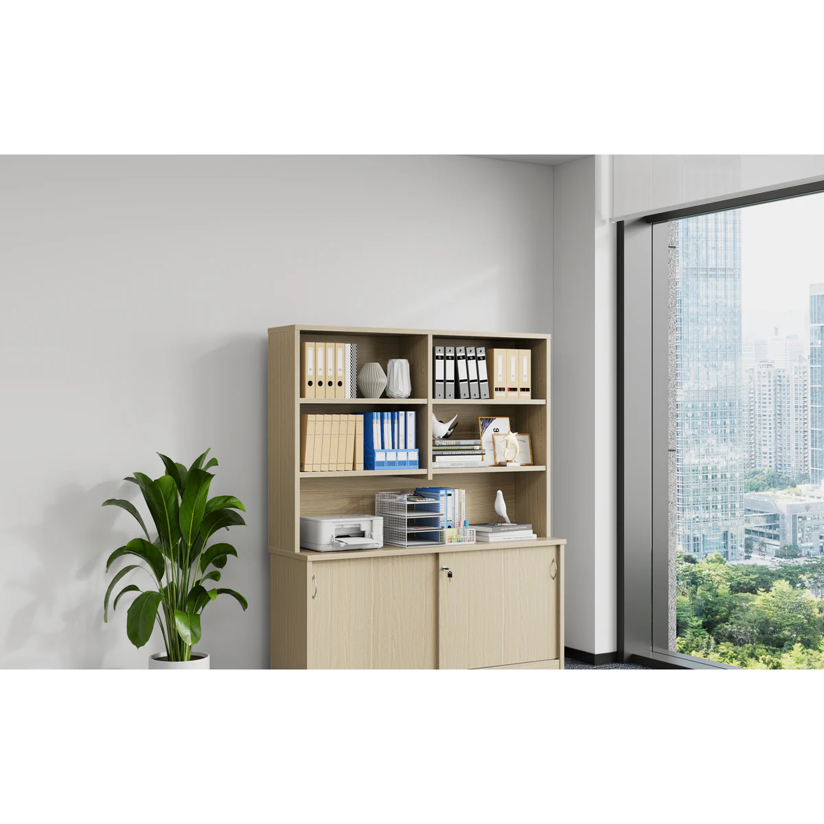 Overhead Hutch 1500 Oak shown in an office setting