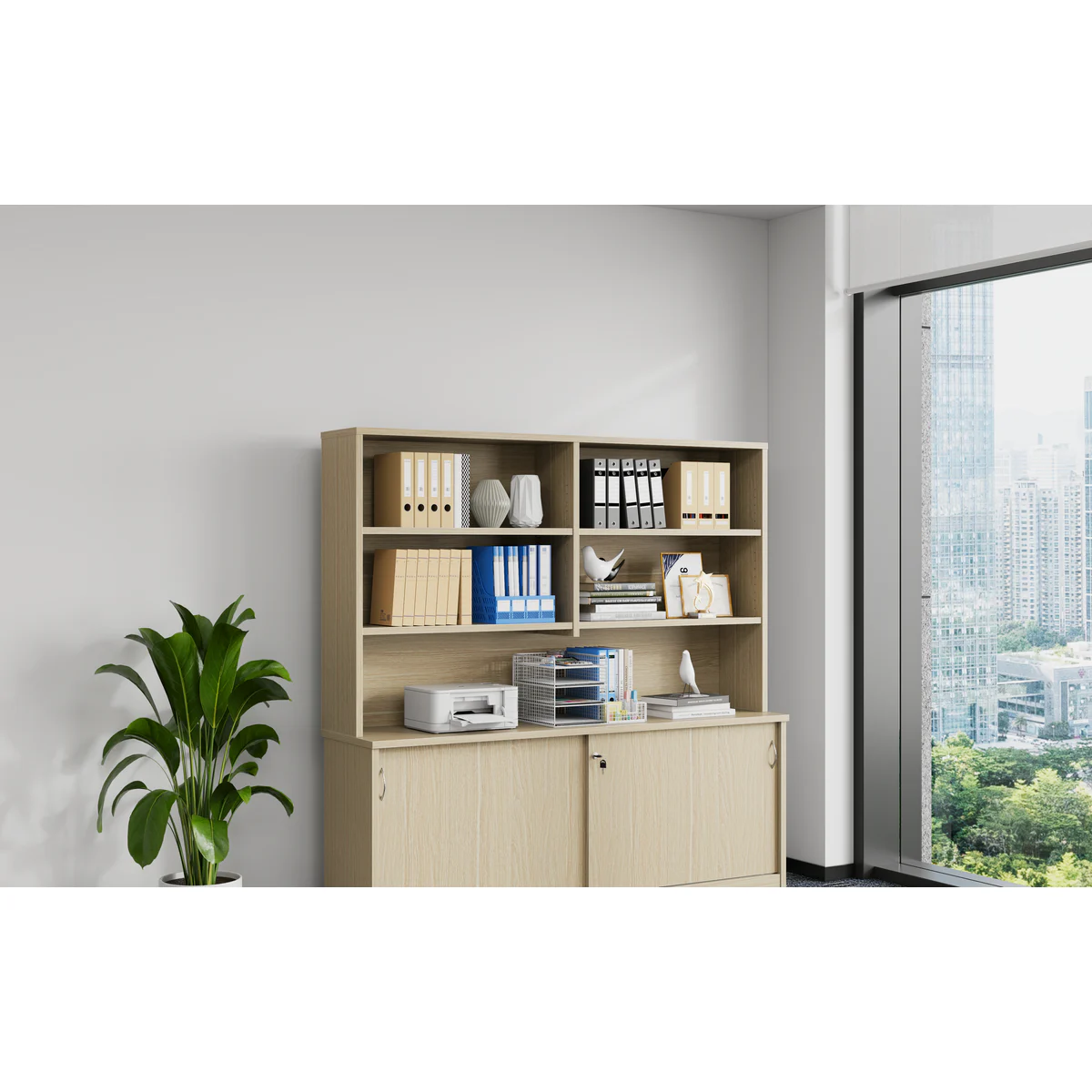 Overhead Hutch 1800 Oak shown in an office setting