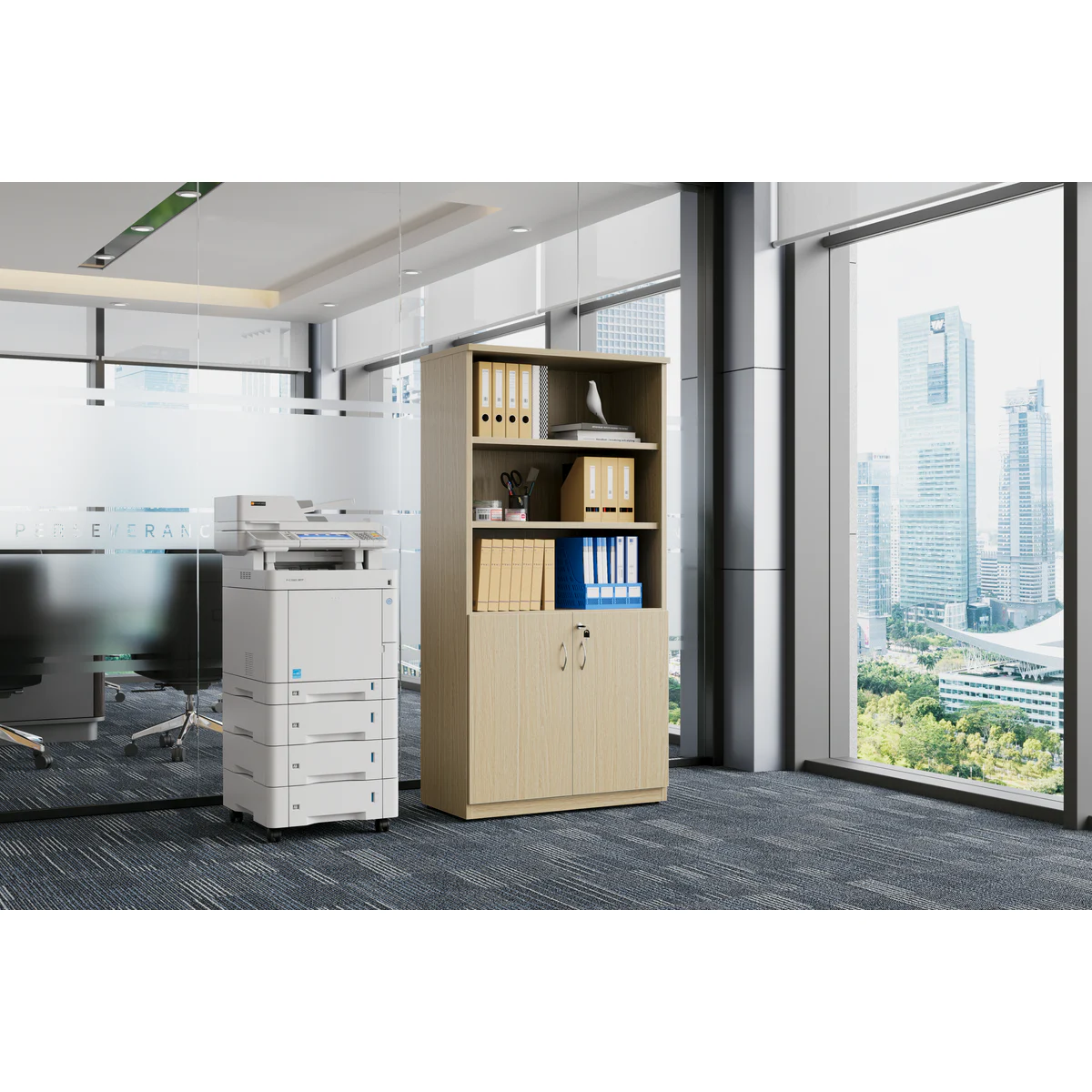 Half Door Bookcase Oak shown in an office setting