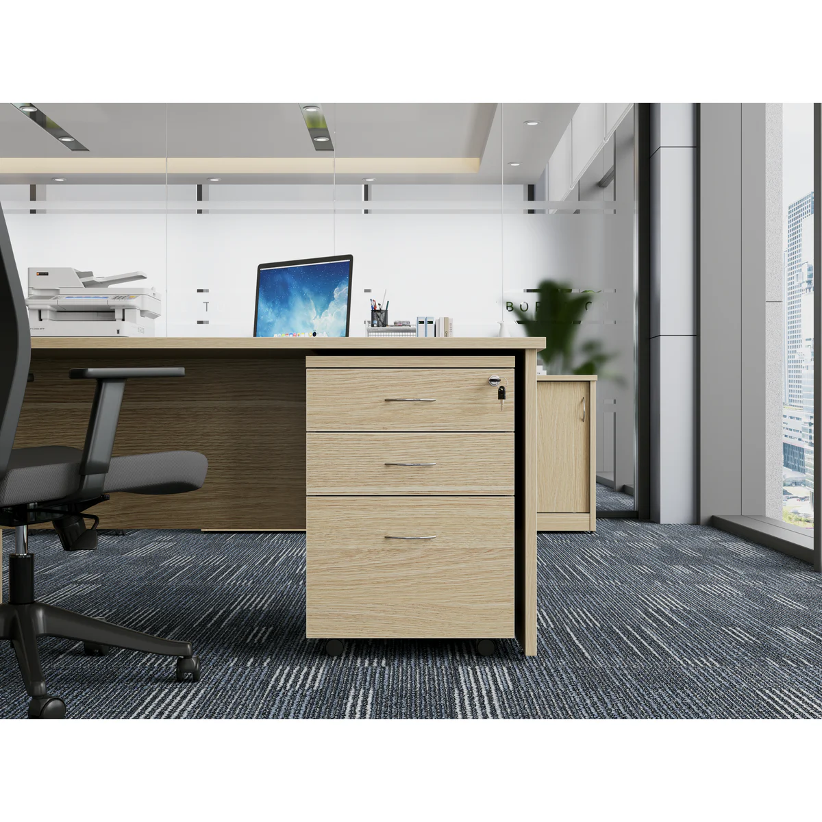 Mobile Pedestal 2 Drawer + 1 File Oak shown in an office setting
