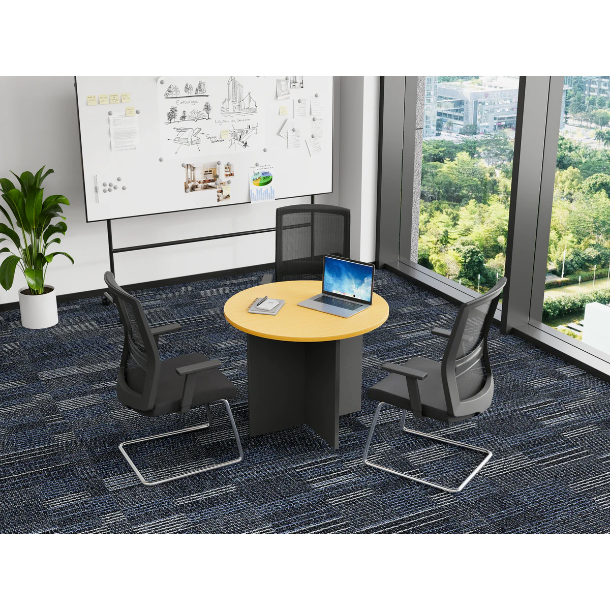 Round Meeting Table Beech / Ironstone shown in an office setting