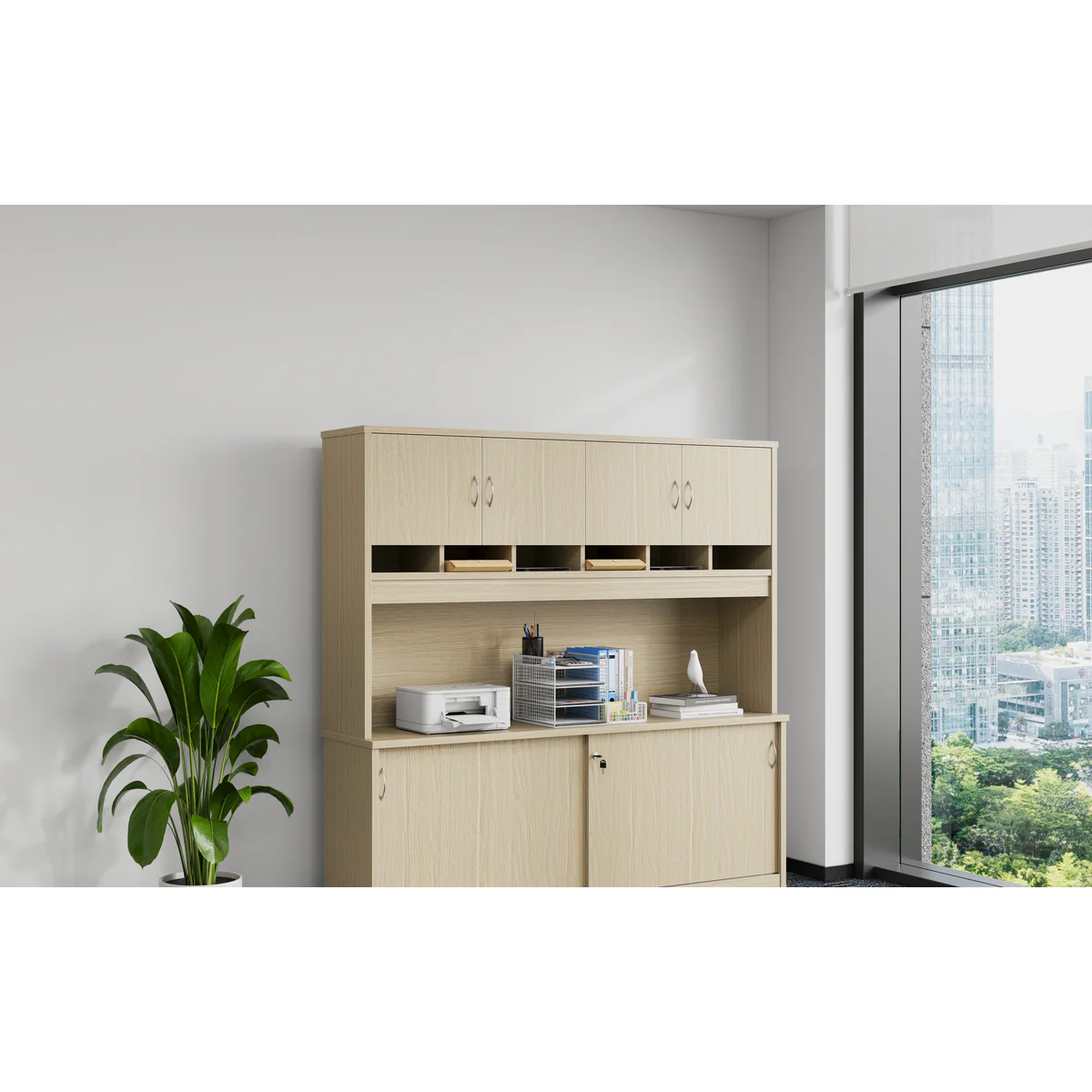 Pigeon Hole Hutch 1800 Oak shown in an office setting