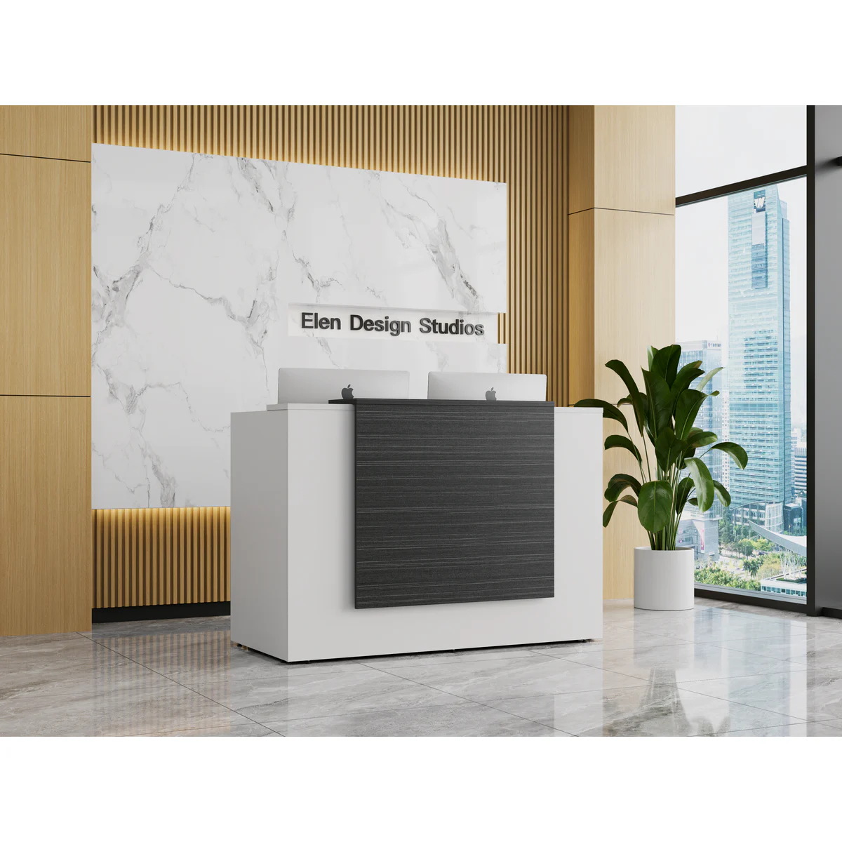 Apex Counter Blackline Wood shown in an office setting