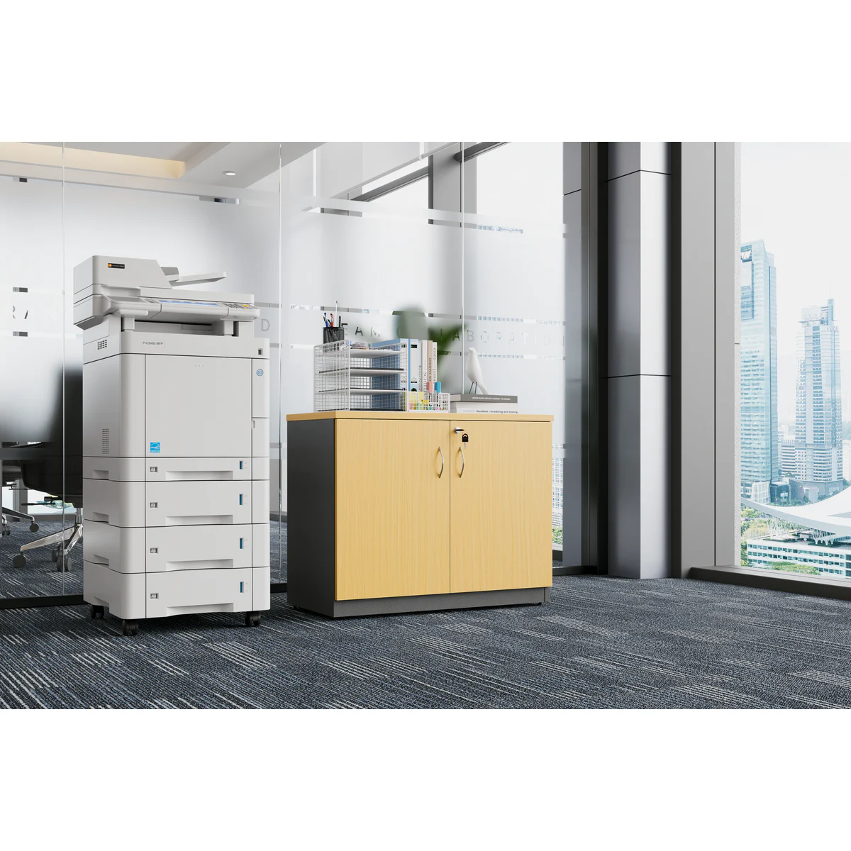 Stationery Cupboard Beech/Ironstone shown in an office setting