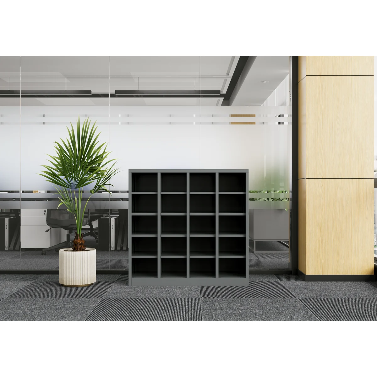 Steel Pigeon Hole Unit 20 Graphite Ripple shown in an office setting