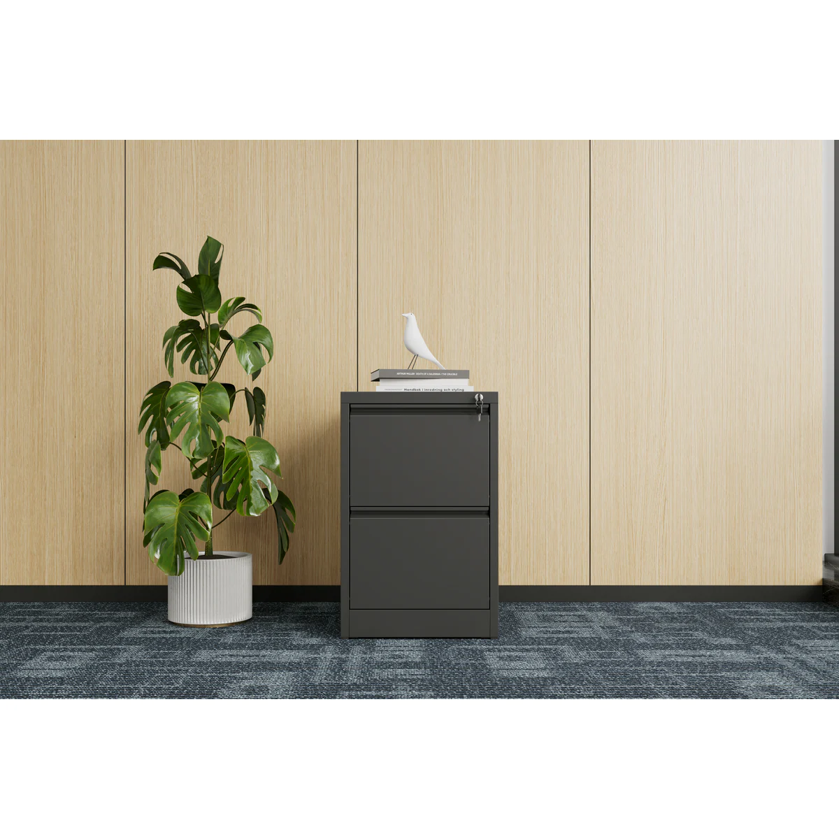 Steel Filing Cabinet Black shown in an office setting