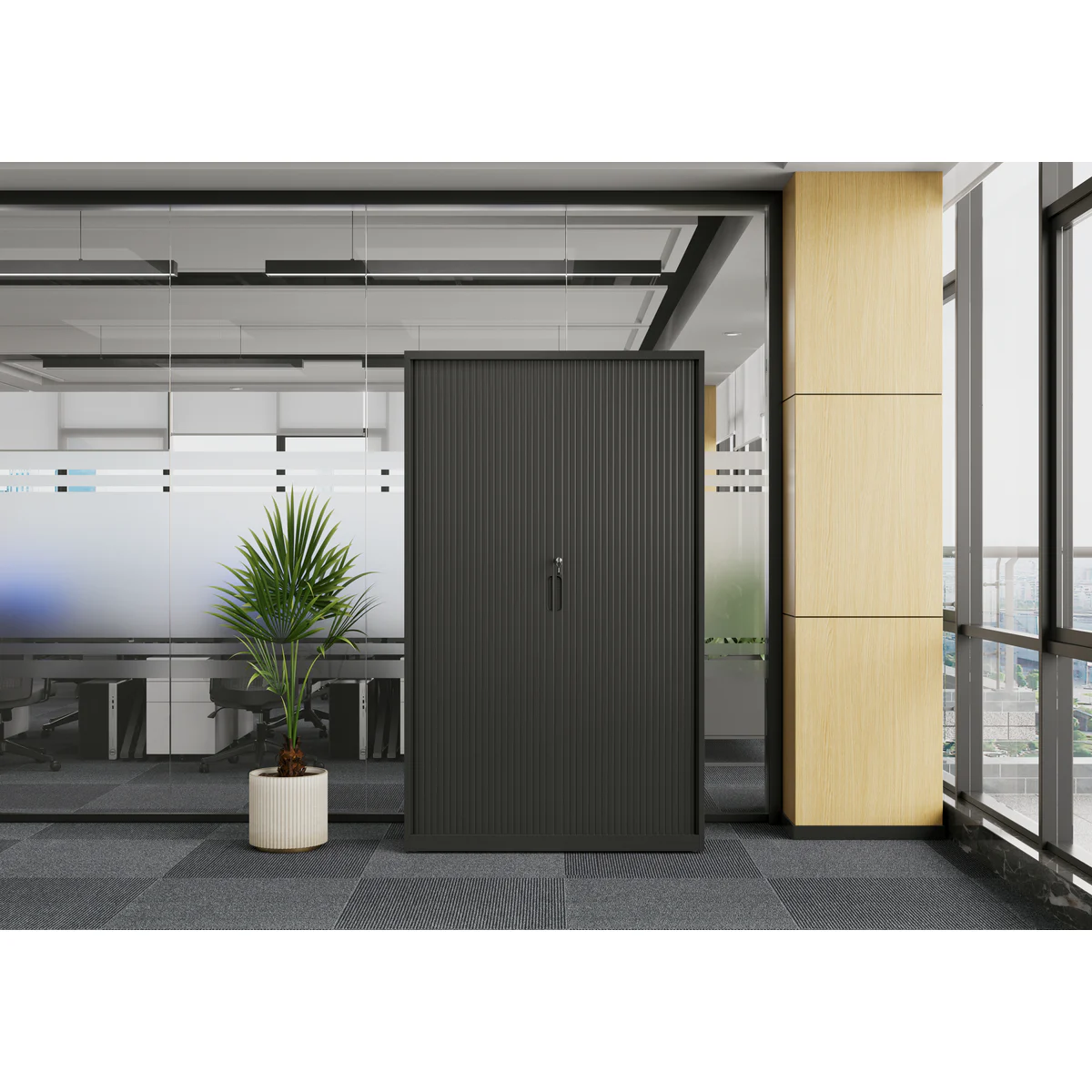 1200W Tambour Door Unit Black shown in an office setting