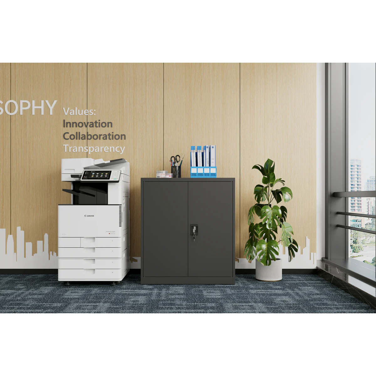 1020H Steel Storage Cupboard Black shown in an office setting