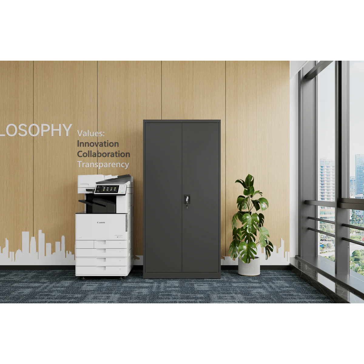 1850H Steel Storage Cupboard Black shown in an office setting
