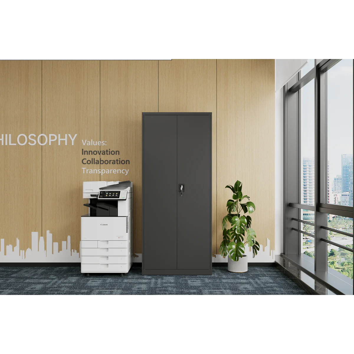 2100H Steel Storage Cupboard Black shown in an office setting