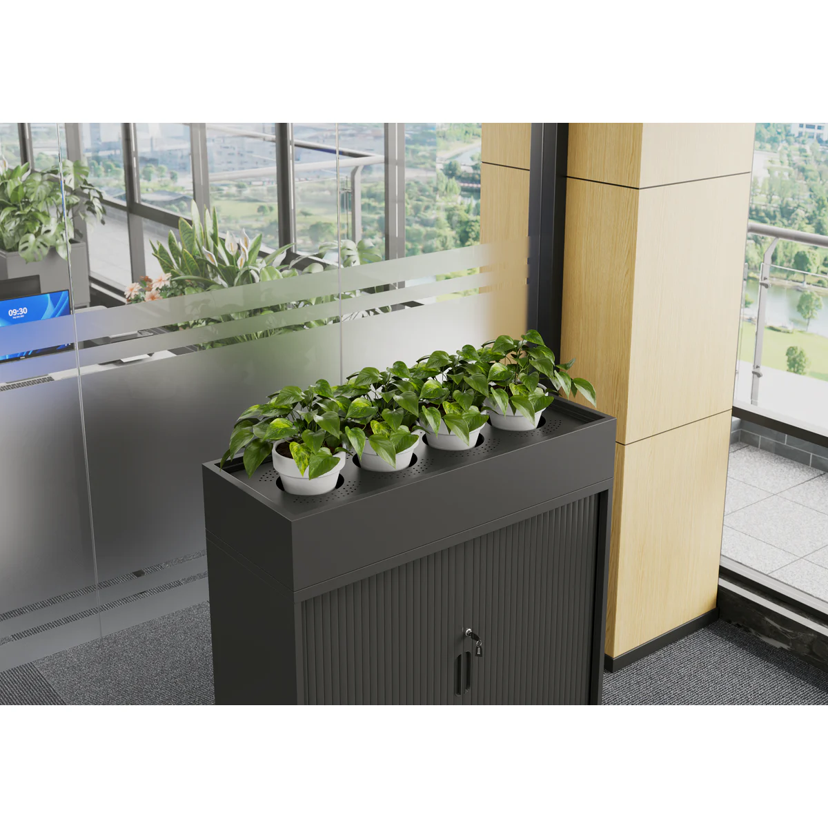 1200W Steel Planter Box Black shown in an office setting